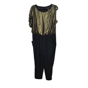 Lane Bryant 14 16 Womens Pantsuit Gold Metallic Top Black Stretch Short Sleeves